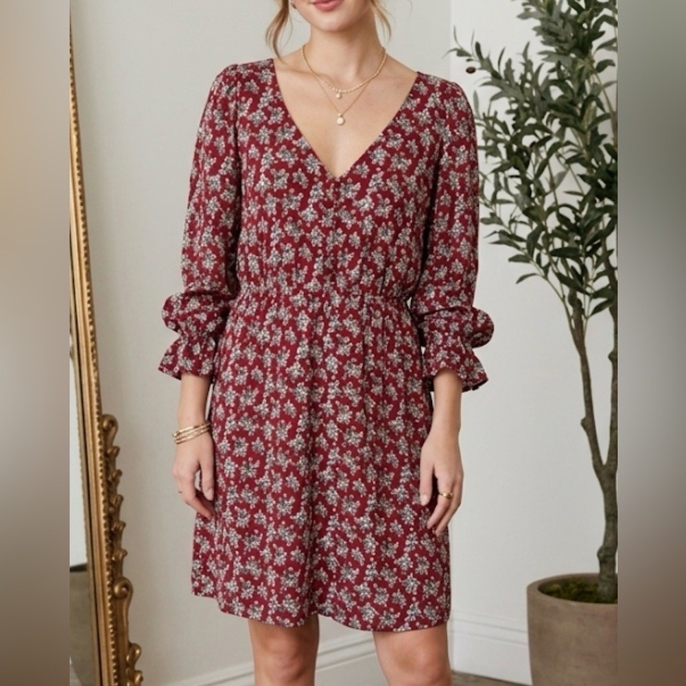 Gilli Floral Mini Dress Women 2X Red Excellent V-Neck Ruffle Sleeve Boho Casual